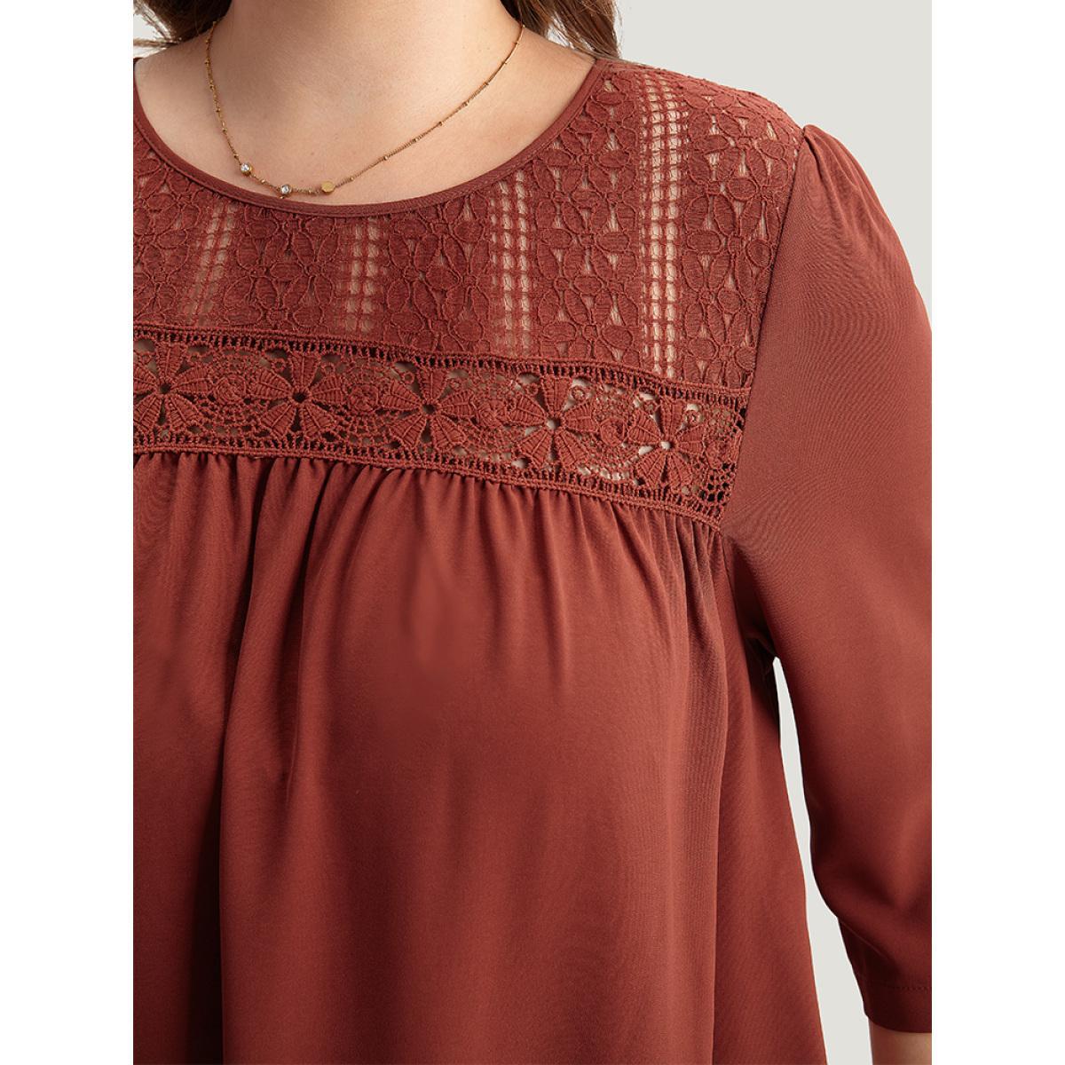 Plus Size Guipure Lace Frill Trim Cut Out Ruffle Hem Dress Russet Women Casual Gathered Round Neck Elbow-length sleeve Curvy Midi Dress BloomChic 28/5X Product Image