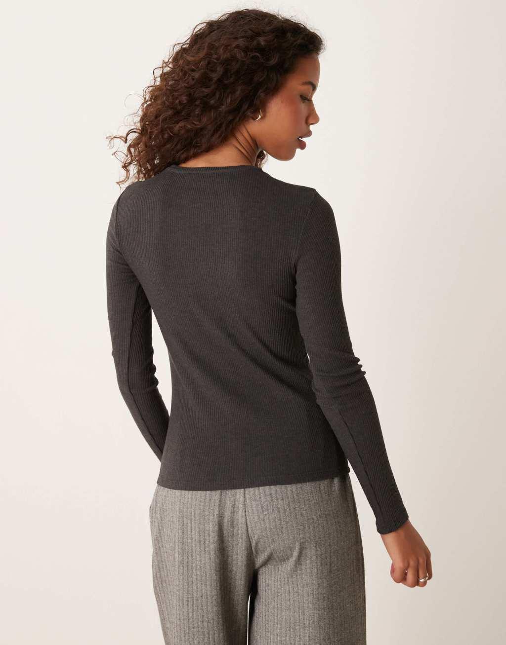 Mango long sleeve ribbed top in charcoal Product Image