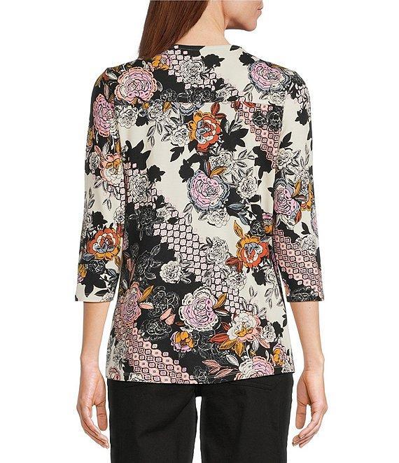 Intro Petite Size Knit Jersey Patch Floral Print 3/4 Sleeve Pleated Neck Tee Product Image
