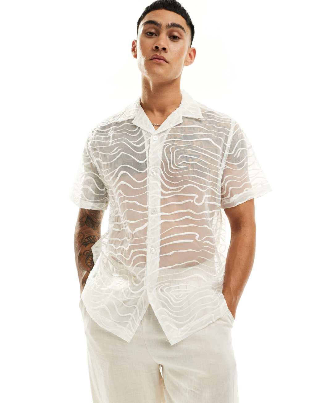 ASOS DESIGN relaxed revere shirt in organza with abstract embroidery in white Product Image