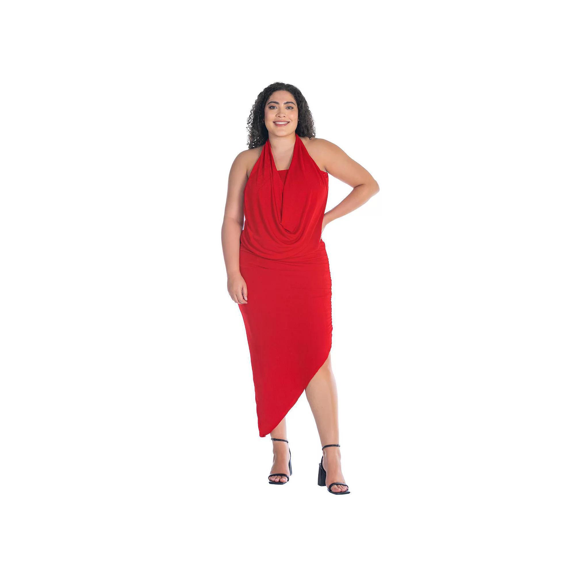 Plus Size 24Seven Comfort Apparel Cowlneck Long Asymmetrical Backless Halter Dress, Women's, Size: 3XL, Red Product Image