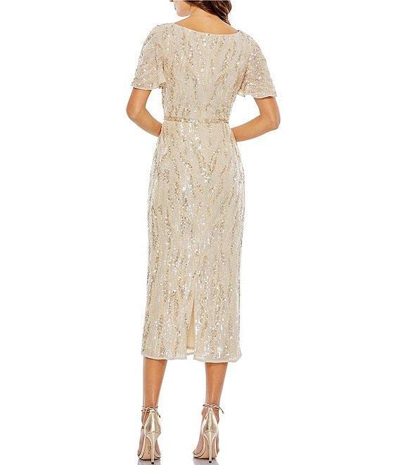 Mac Duggal Embellished Sequin Plunge V-Neck Short Flutter Sleeve Midi Sheath Dress Product Image