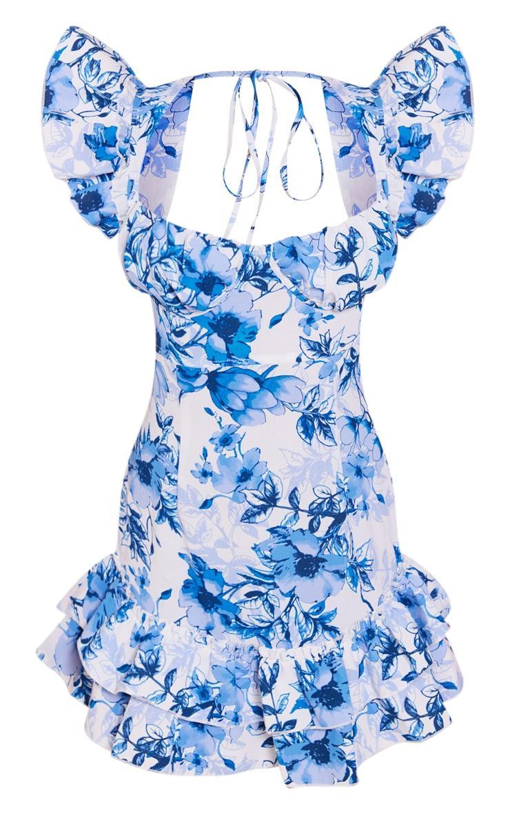 Blue Floral Underwired Frill Strappy Back Bodycon Dress Product Image