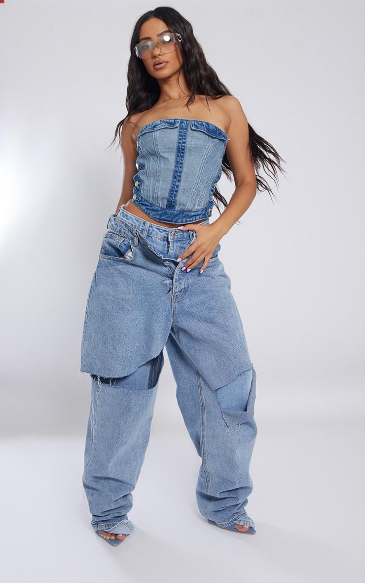 Petite Mid Blue Wash Denim Corset Top With Button Detailing Product Image