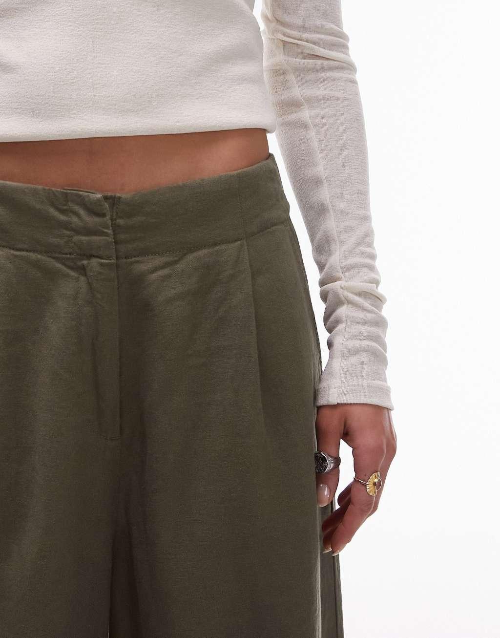 Topshop linen high waist super wide leg pants in khaki Product Image