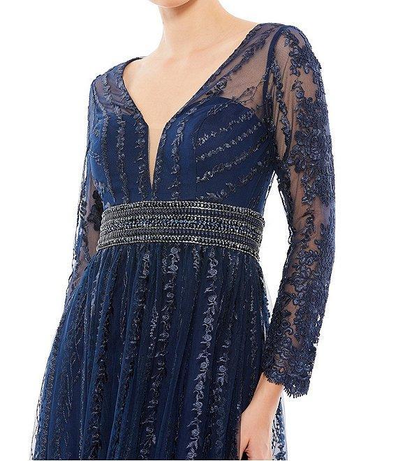 Mac Duggal Mesh Deep V-Neck Sheer Long Sleeve Beaded Belt Sequin Gown Product Image