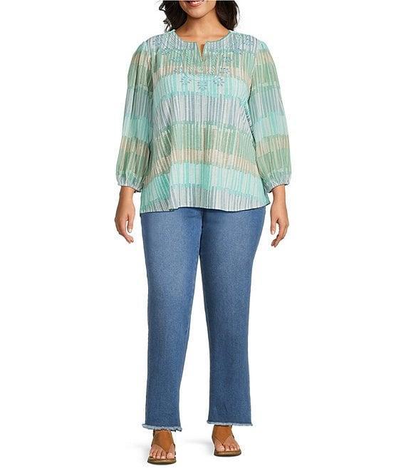 Multiples Plus Size Slub Knit Embroidered Printed Split V-Neck 3/4 Sleeve Top Product Image