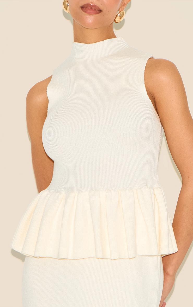 Petite Cream Knitted High Neck Peplum Hem Long Top Product Image