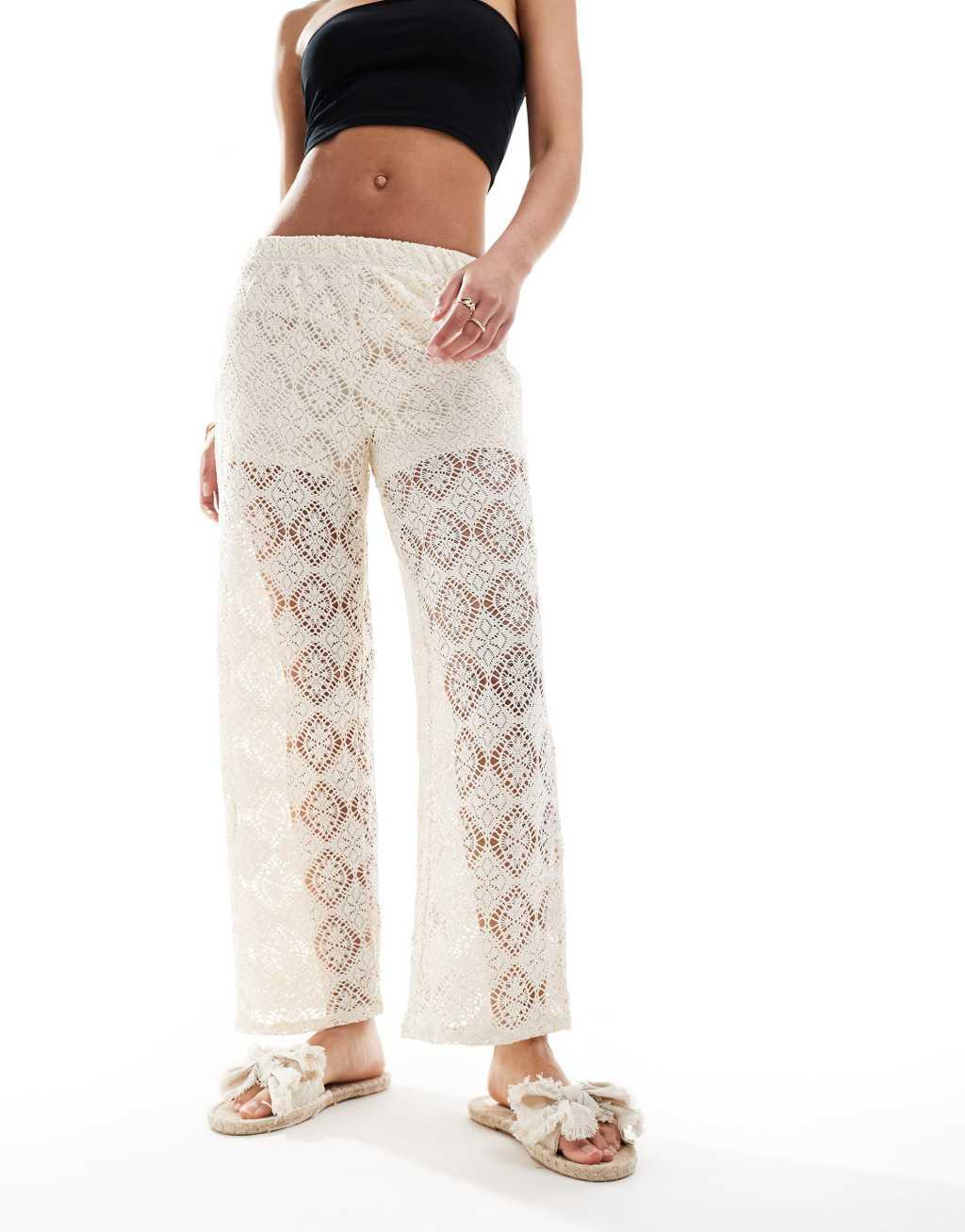 JDY Tall crochet wide leg pants with short insert in stone Product Image