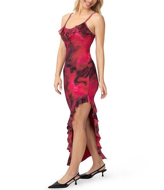 Stevie by Steve Madden Printed Power Mesh Ruffle V-Neck High Slit Dress Product Image