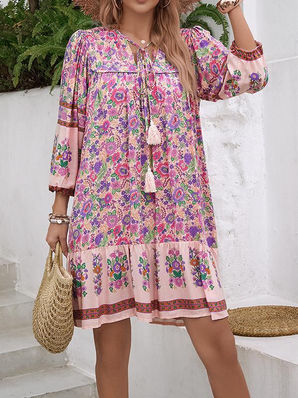 A-Line Loose Contrast Color Drawstring Flower Print Pleated Split-Joint V-Neck Mini Dresses Product Image