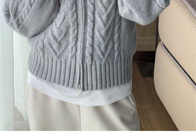 Collar Cable Knit Zip Cardigan Product Image