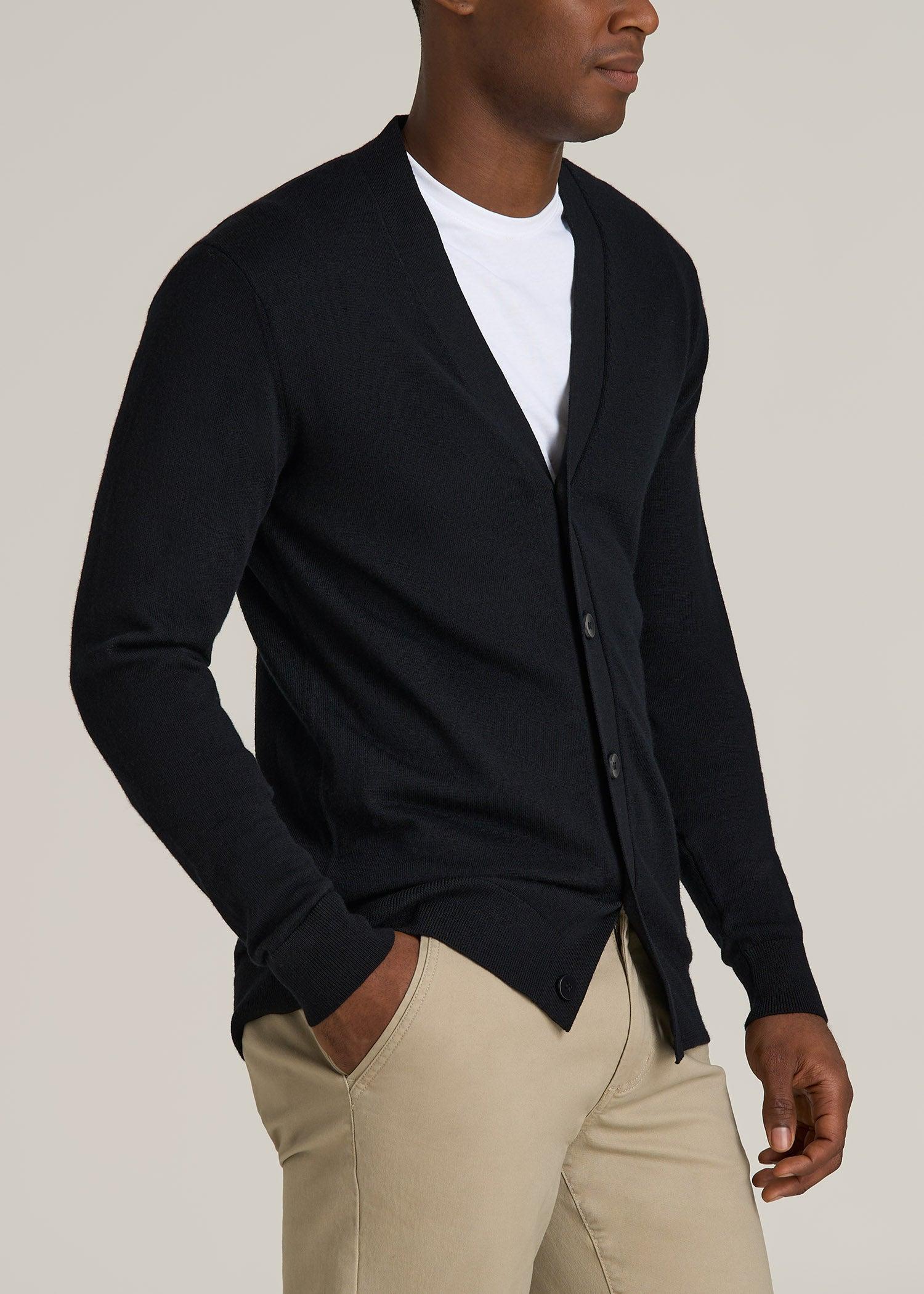 Merino Wool Cardigan Sweater for Tall Men in Black Product Image