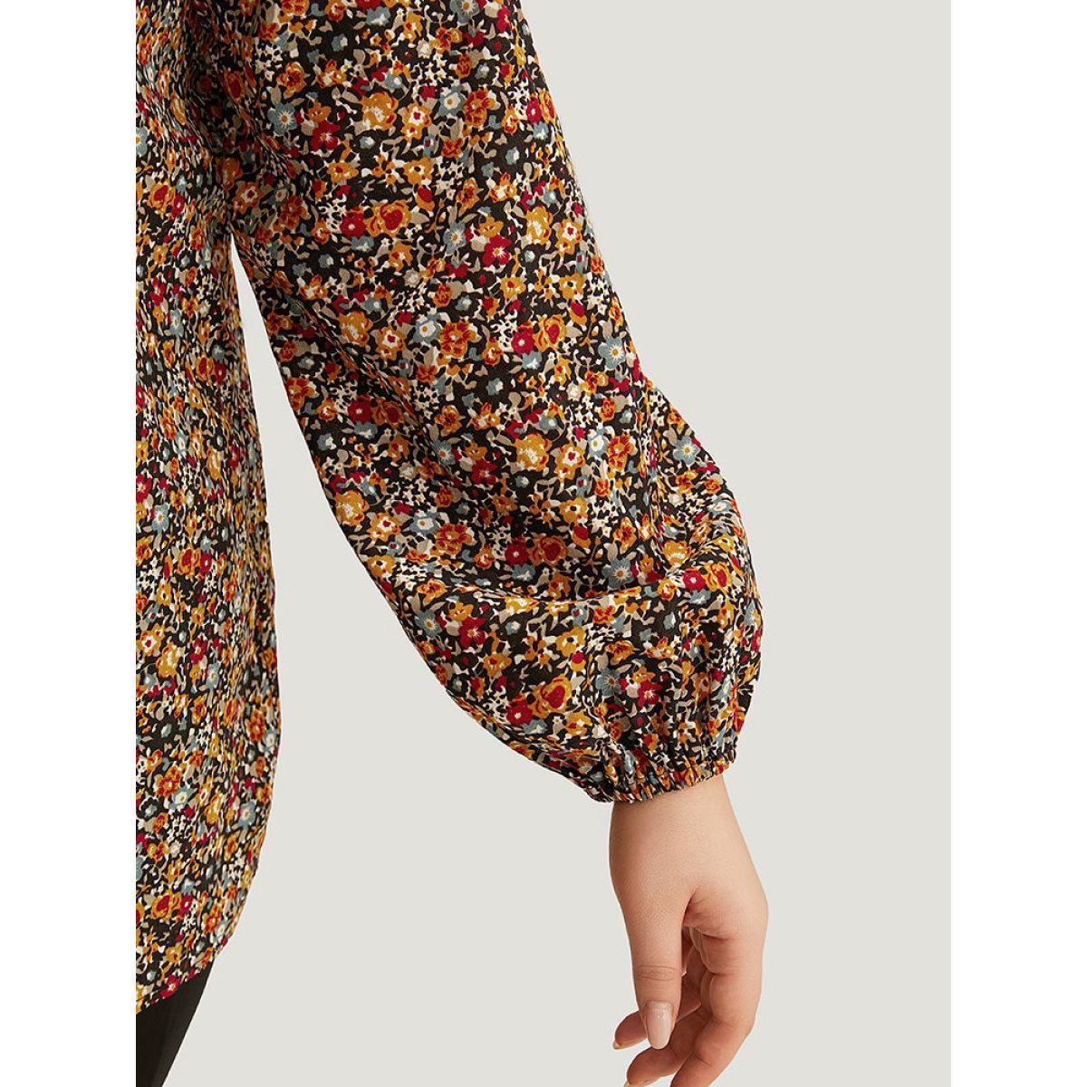 Plus Size Multicolor Ditsy Floral Notched Frill Trim Blouse Women Elegant Long Sleeve Notched collar Dailywear Blouses BloomChic 22-24/3X Product Image