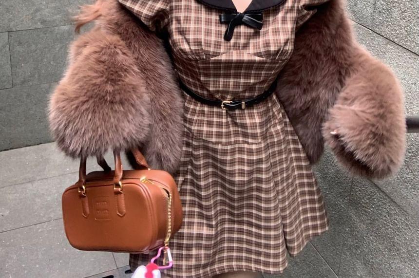 Long-Sleeve Contrast Collar Plaid Bow Mini A-Line Dress / Plain Fluffy Jacket / Belt Product Image