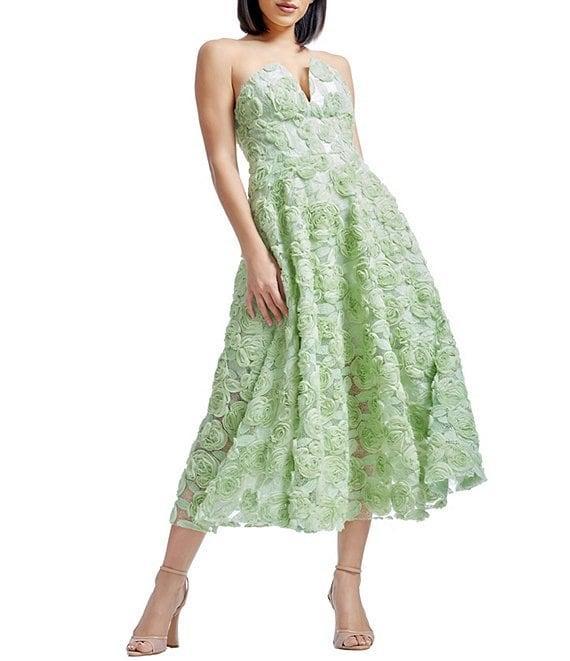 Dress the Population Briella Soutache Rosette Strapless Neck Sleeveless A Line Midi Dress Product Image