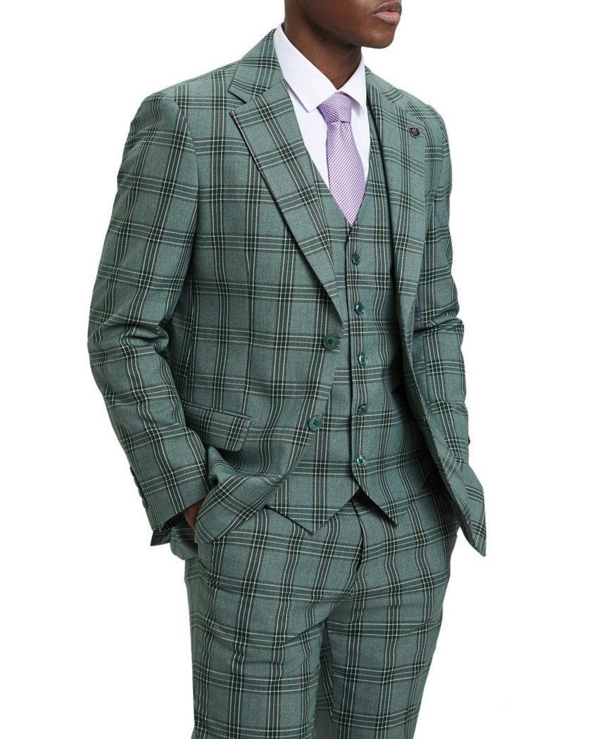 Stacy Adams - Hybrid Fit Plaid 3 Piece Green Suit Product Image