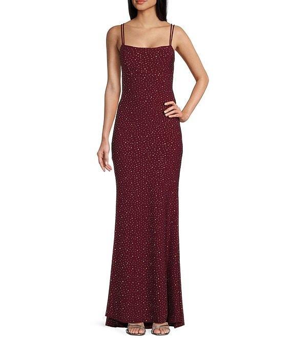 Jump Rhinestone Square Neck Spaghetti Strap Lace Up Back Gown Product Image