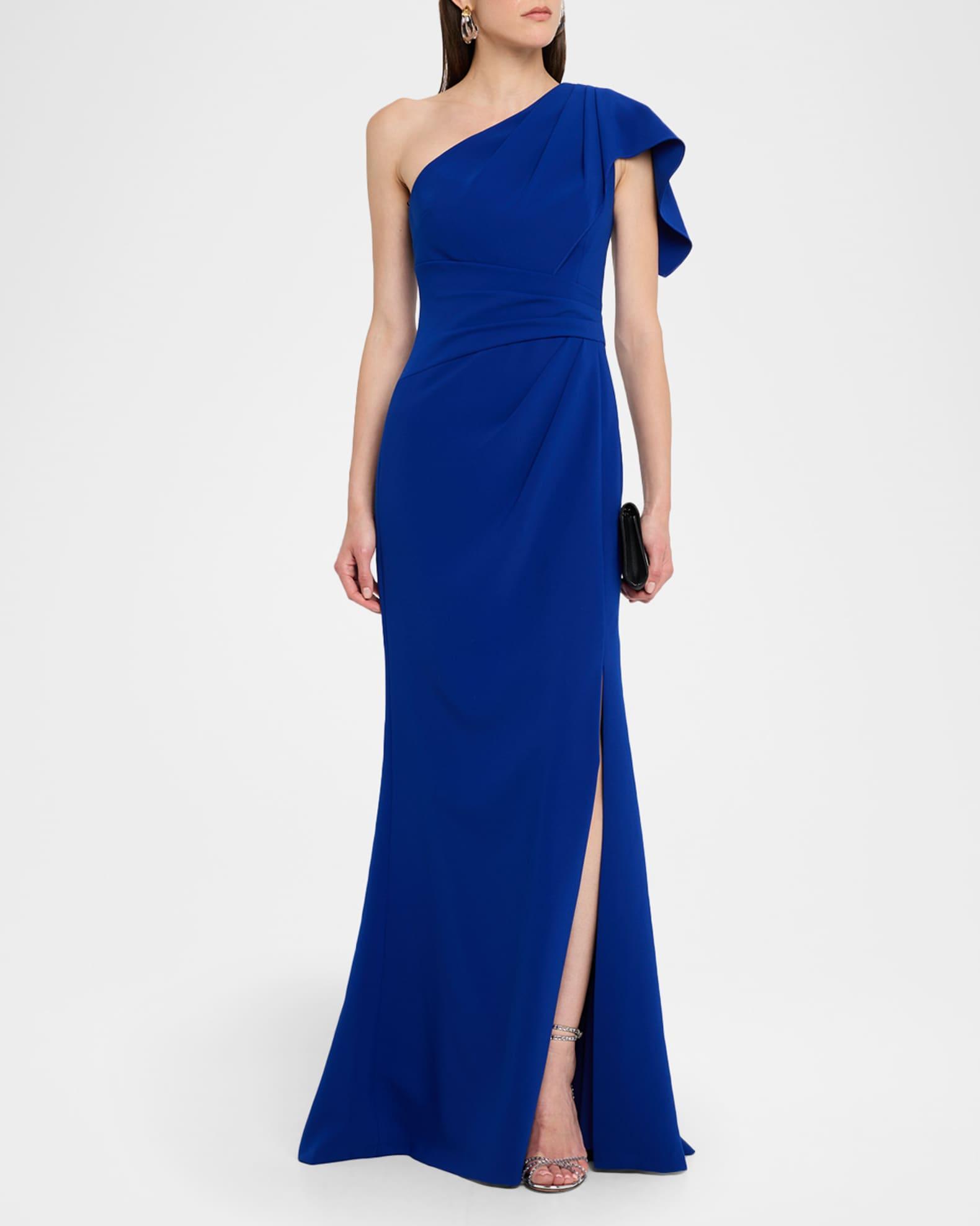Pleated One-Shoulder Stretch Crepe Gown Product Image