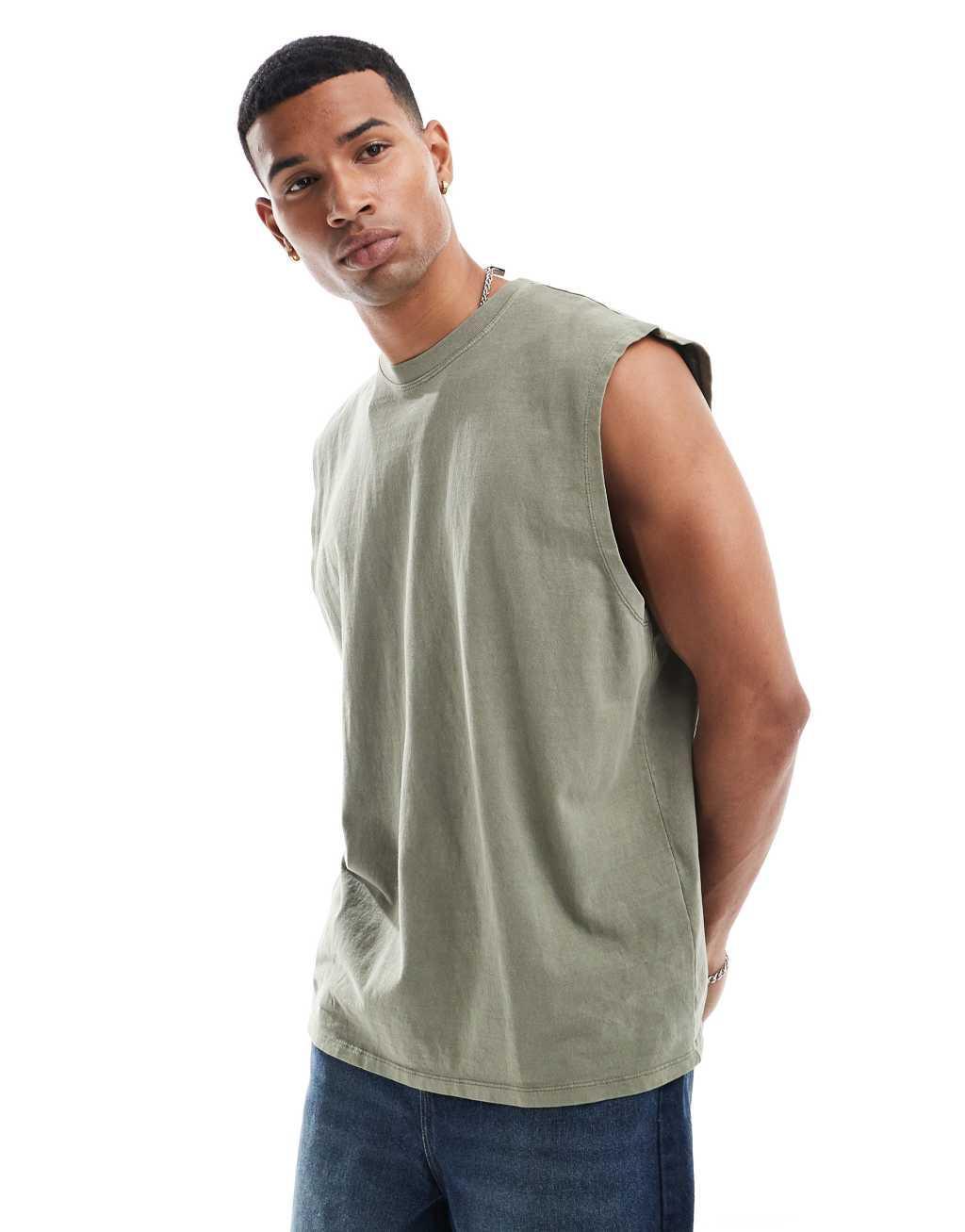 ASOS DESIGN oversized pigment dye tank top in khaki Product Image