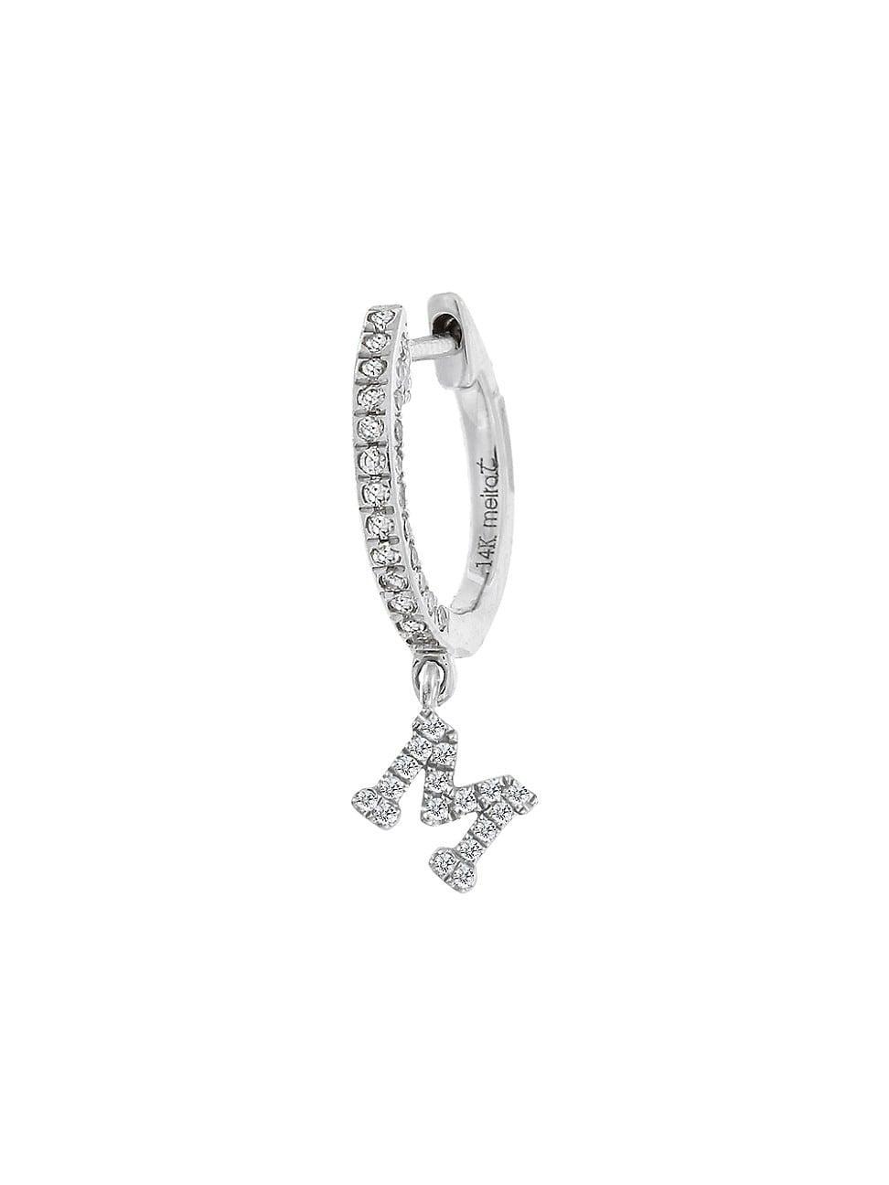 Womens 14K White Gold Diamond Intial Single Huggie Hoop Earring Product Image