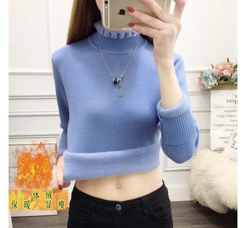 Mock Neck Plain Fluffy Trim Fleece-Lined Sweater Product Image