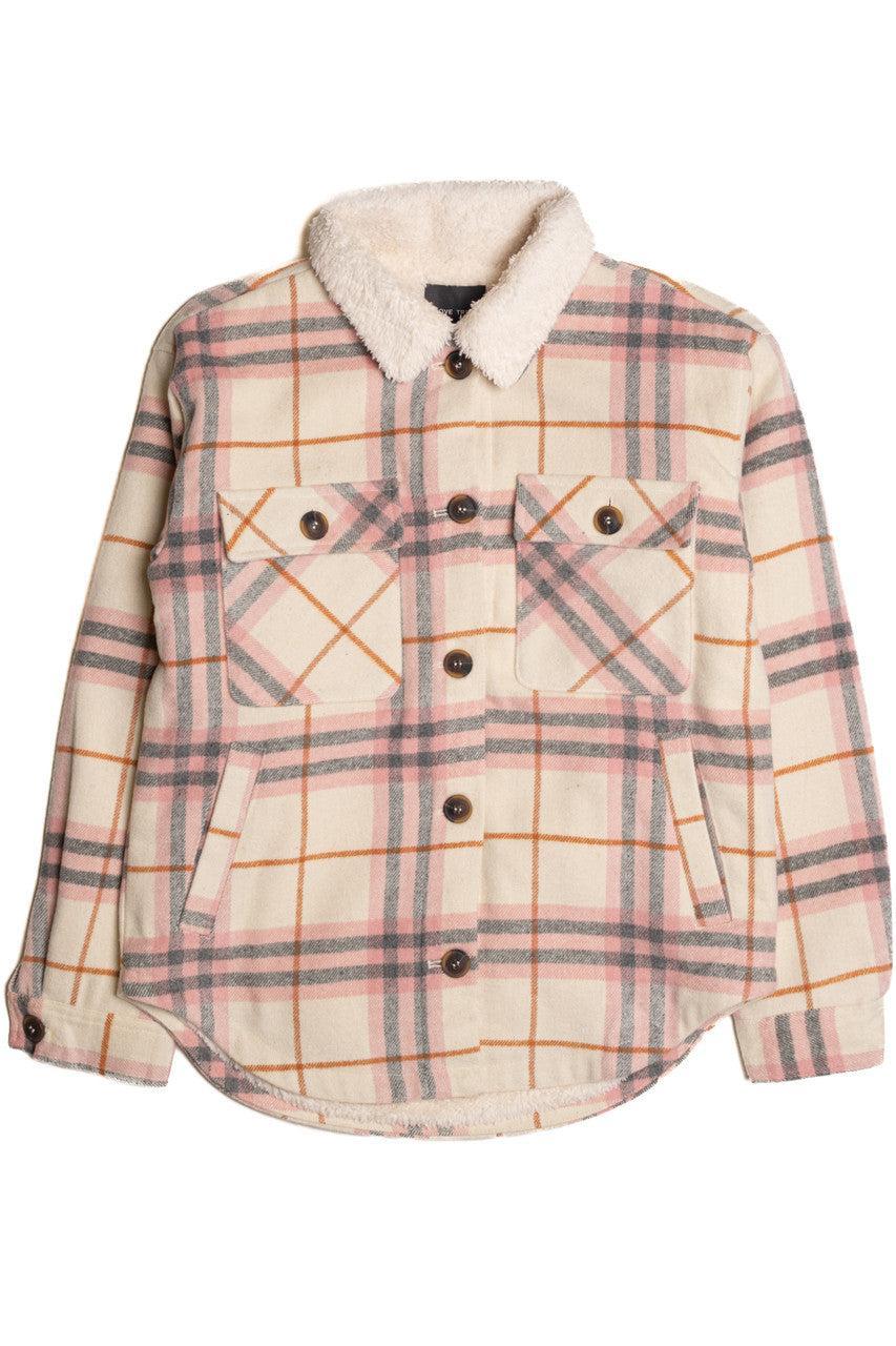 Ivory Sherpa Collar Plaid Trucker Jacket Product Image