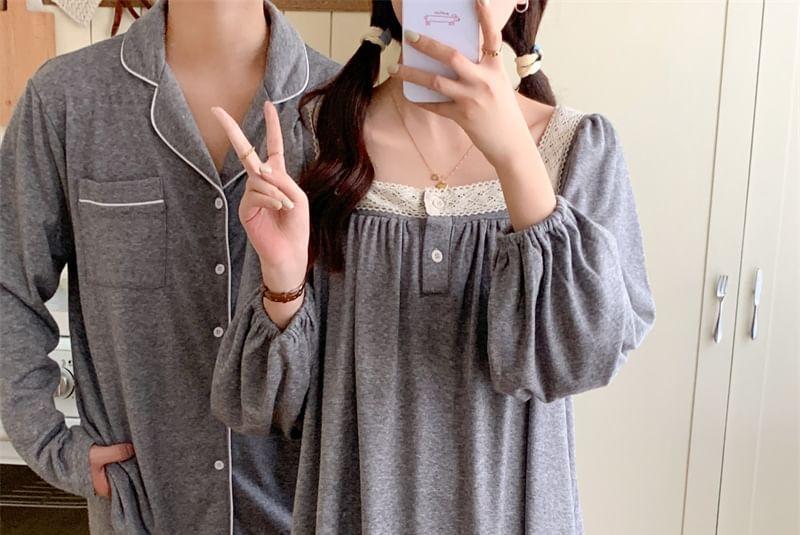 Couple Matching Long-Sleeve Pajama Top / Pants / Dress / Set Product Image