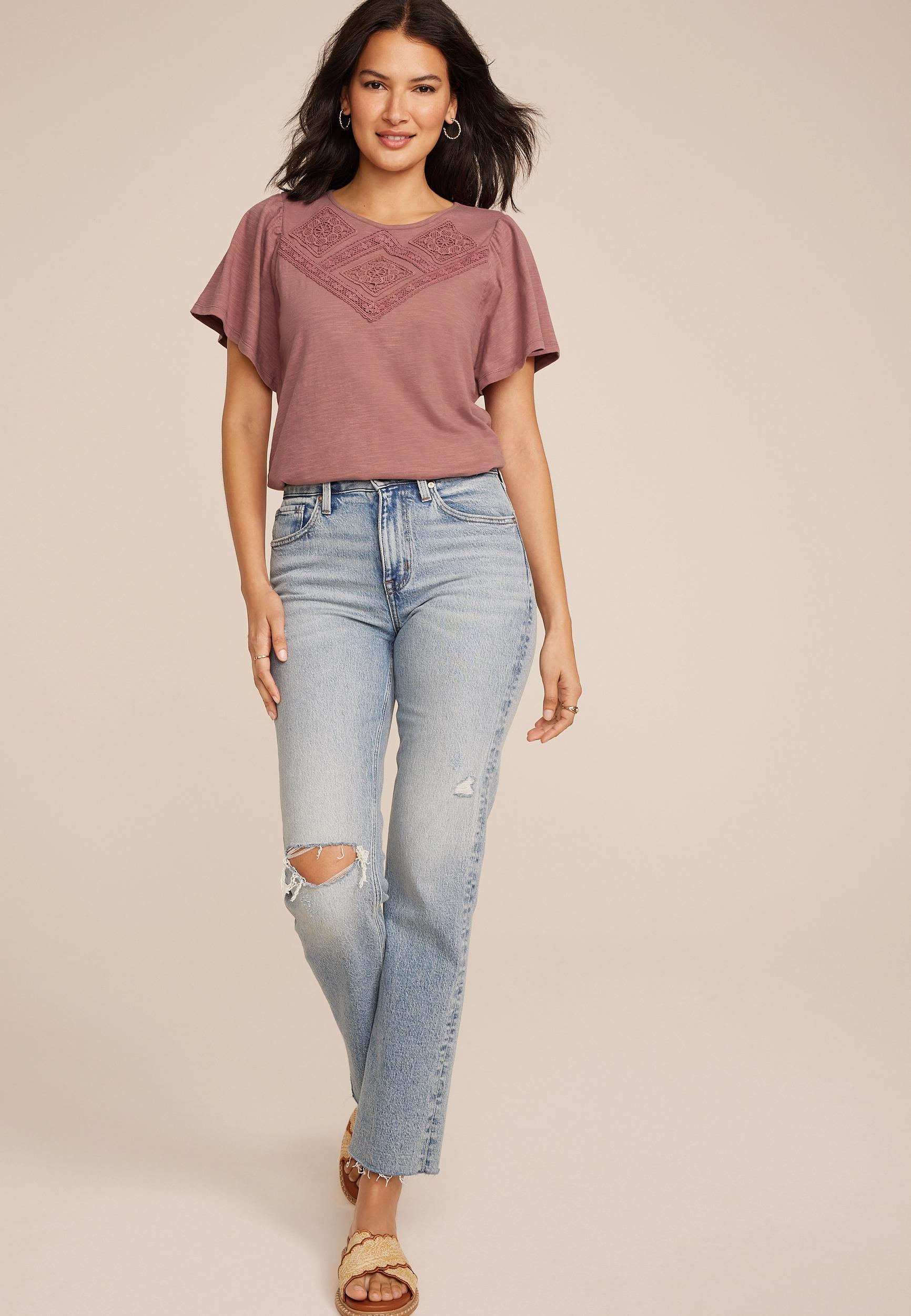 Crochet Yoke Flutter Sleeve Tee Product Image