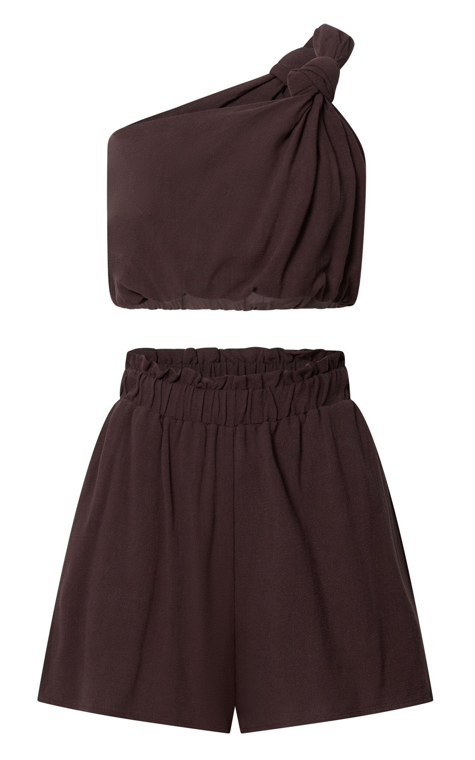 Raylene Two Piece Set - Linen Knotted One Shoulder Top and Paper Bag Waist Shorts in Tobacco Product Image