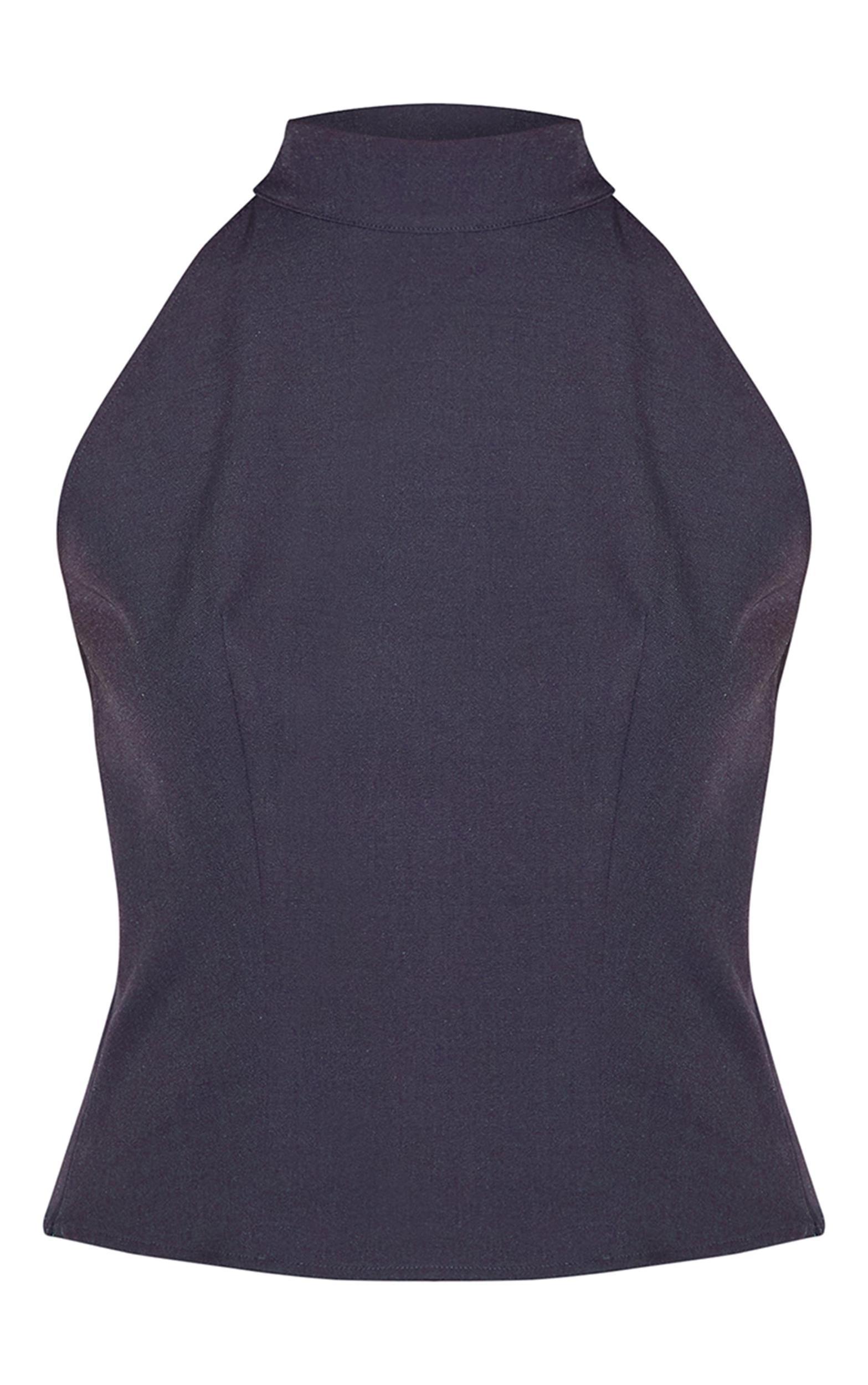 Navy Woven High Neck Tie Detail Top Product Image