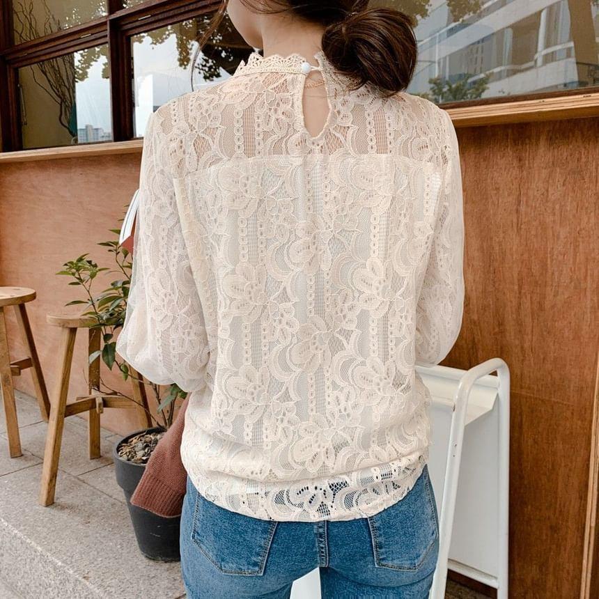 Balloon Mesh Sleeve Stand Collar Plain Lace Blouse Product Image