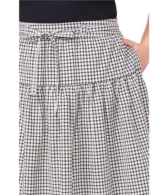 CeCe Plus Size Gingham A-Line Tiered Belted Midi Skirt Product Image