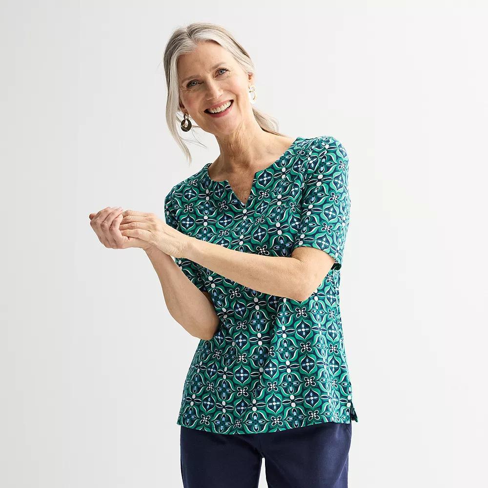 Women's Croft & Barrow® Elbow-Sleeve Splitneck Top, Size: Large, Green Mod Tile Product Image