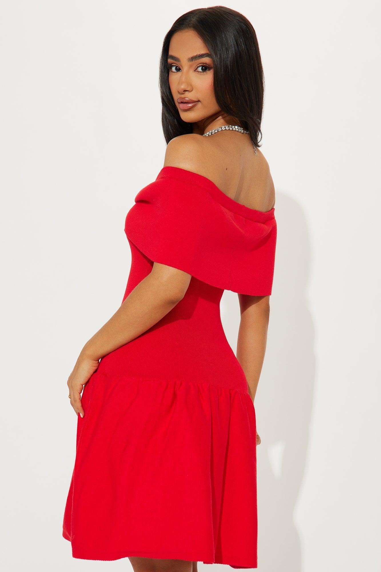 Daisy Off Shoulder Mini Dress - Red Product Image