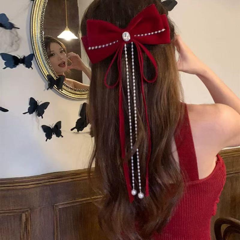 Bow Rhinestone Velvet Hair Clip Product Image