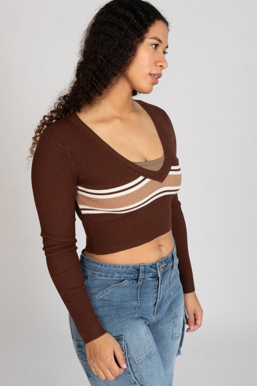 Ribbed V Neck Stripe Sweater Product Image