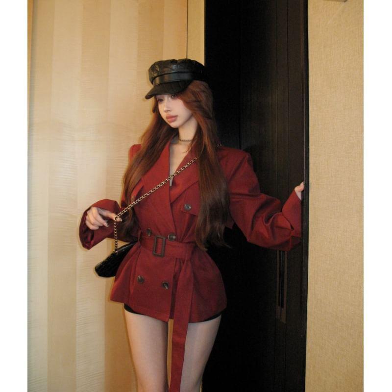 Lapel Collar Plain Belted Double-Breasted Trench Jacket Product Image