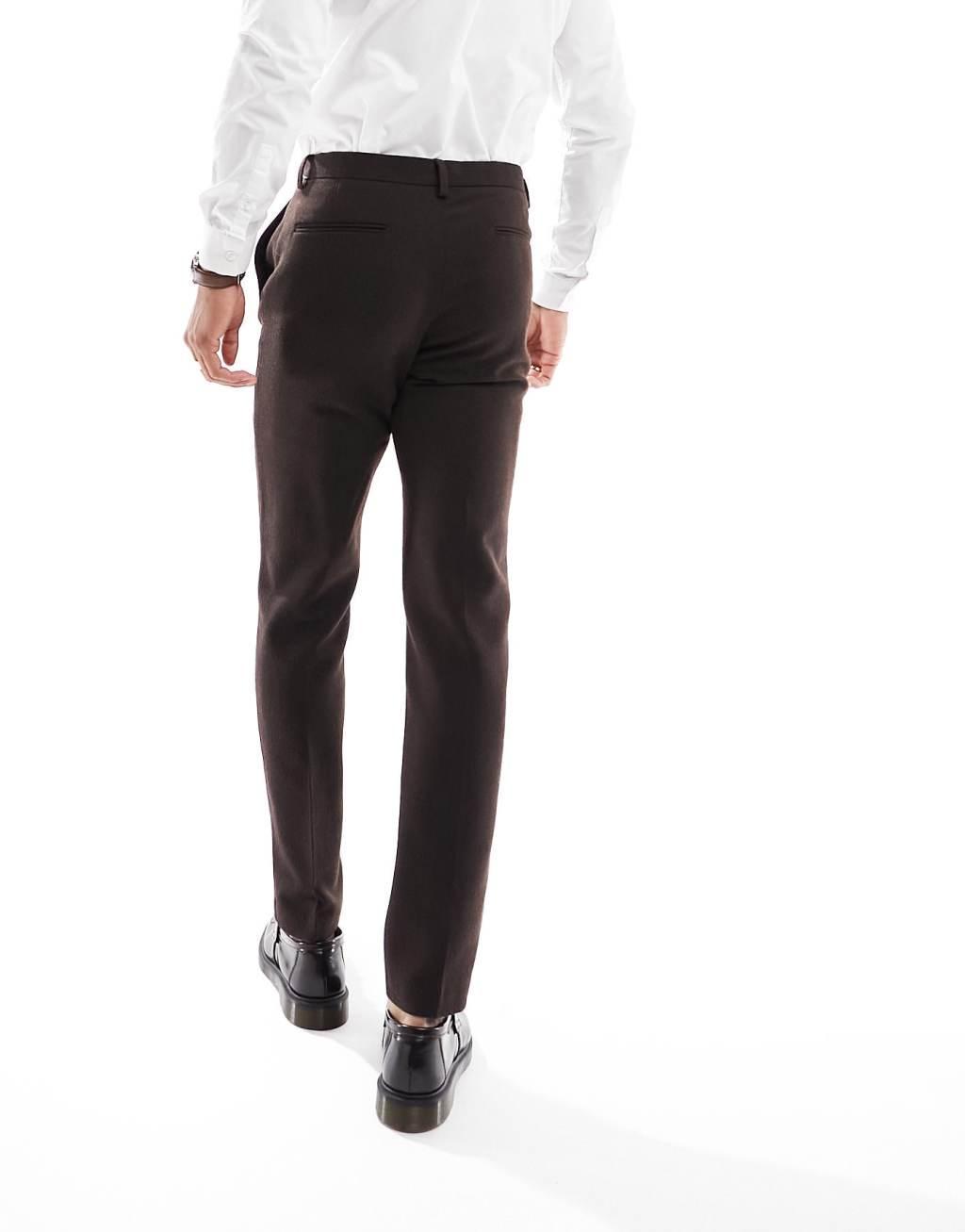 ASOS DESIGN wedding slim wool mix suit pants in dark brown basketweave texture Product Image