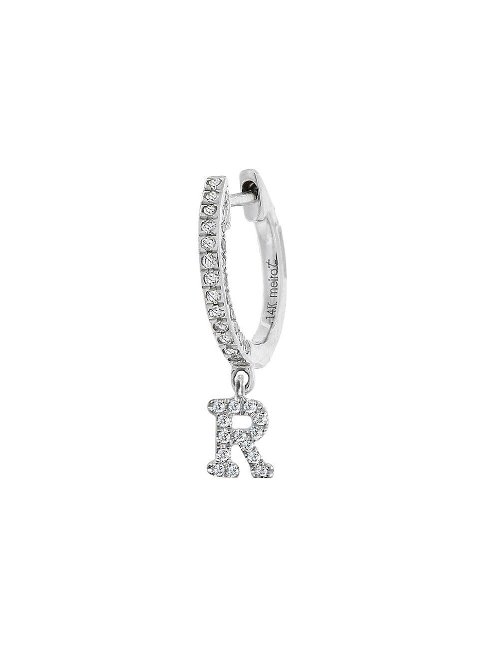 Womens 14K White Gold Diamond Intial Single Huggie Hoop Earring Product Image