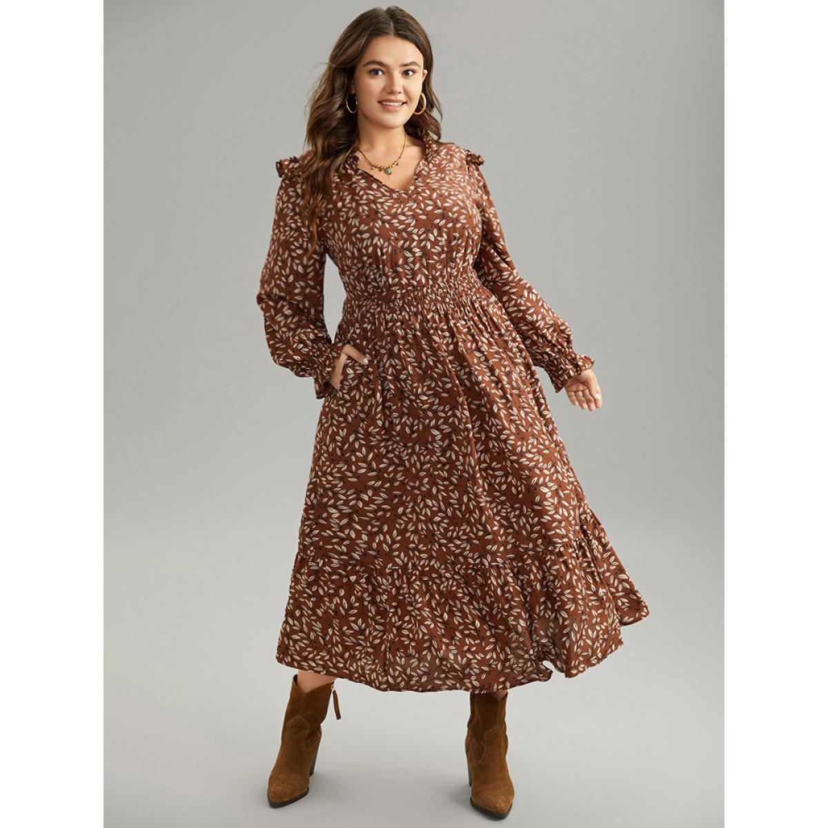 Plus Size Ditsy Floral Flutter Trim Pocket Shirred Dress DarkBrown Women Elegant Printed Notched collar Long Sleeve Curvy Midi Dress BloomChic 12/L Product Image