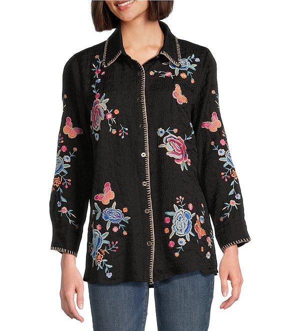 Calessa Petite Size Embroidered Textured Crinkle Point Collar Long Sleeve Button-Front Shirt Product Image