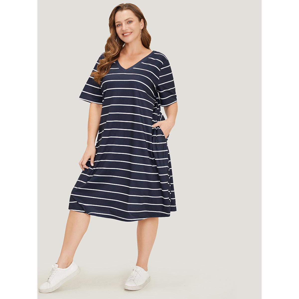 Plus Size Striped Print Pocket Flutter Crossover Back Dress DarkBlue Women Casual Cross straps V-neck Short sleeve Curvy Midi Dress BloomChic 10/M Product Image