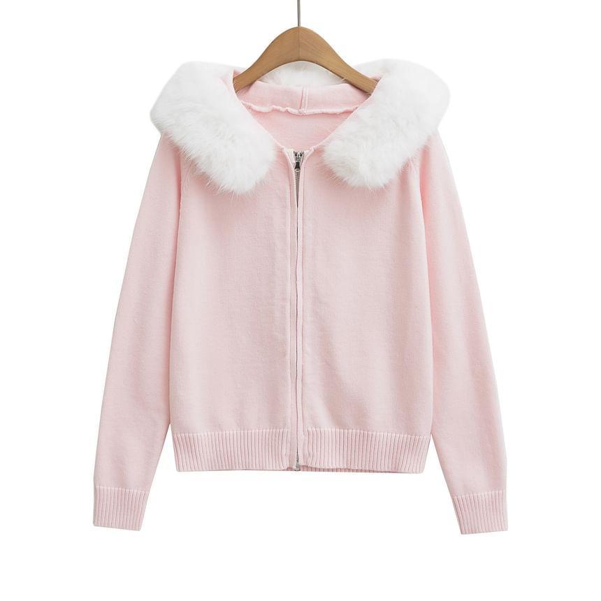 Hood Fluffy Trim Zip Cardigan Product Image