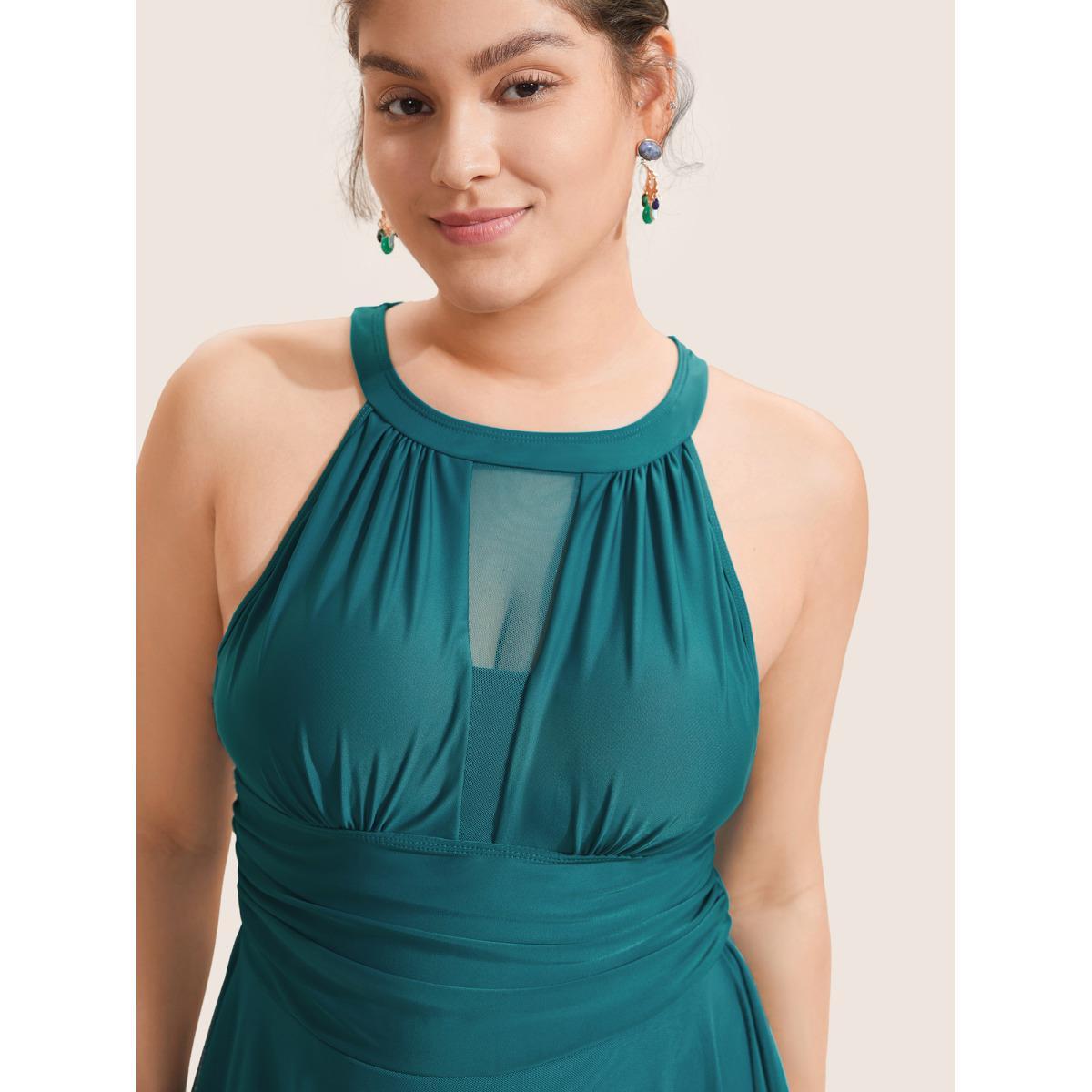 Plus Size Knotted Back Mesh Insert Halter Swim Dress Women's Swimwear Aegean Beach Bodycon Round Neck High stretch Curve Swim Dresses BloomChic 14-16/1X Product Image