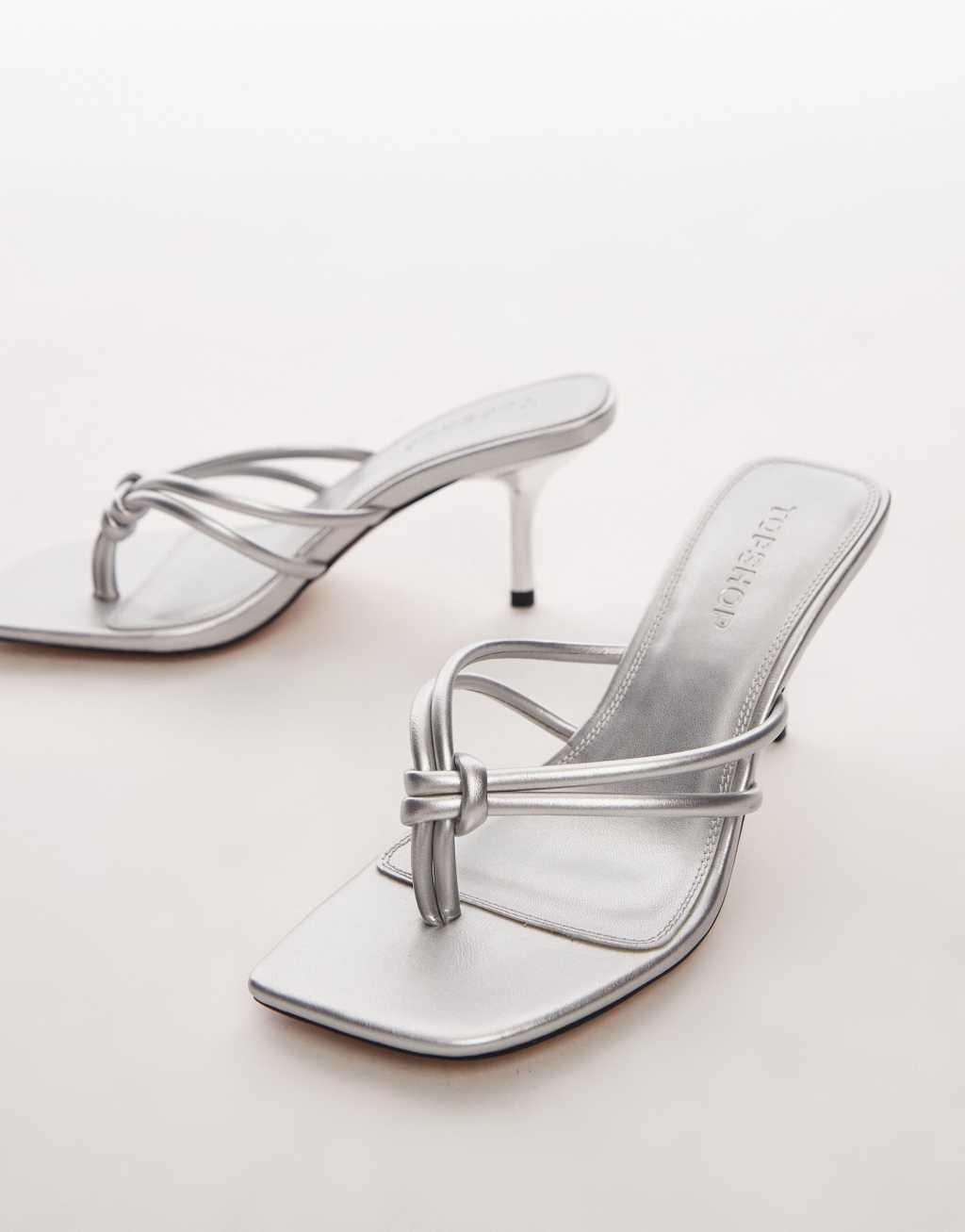 Topshop Femi toe post heeled sandals with knot detail in silver Product Image