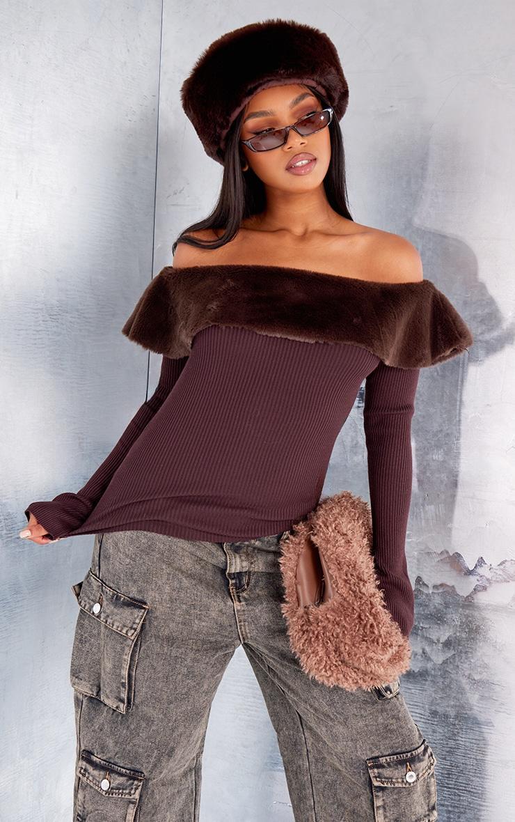 Chocolate Bardot Faux Fur Knitted Top Product Image