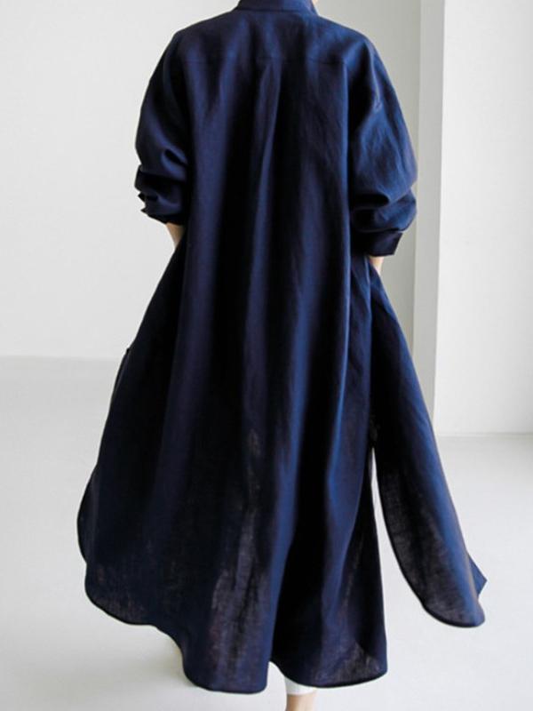 Simple Long Sleeves Split-Side Solid Color Lapel Midi Dresses Shirt Dress Product Image