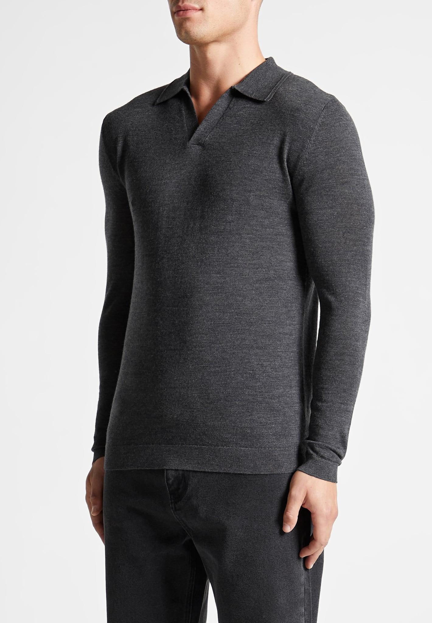 Merino Wool Long Sleeve Revere Polo Shirt - Grey Male Product Image