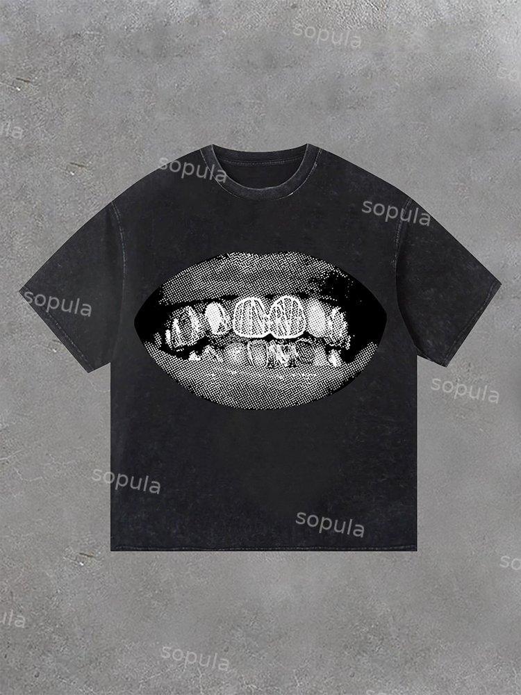 Sopula Men's Retro Unisex Lip Print Washed T-Shirt Product Image